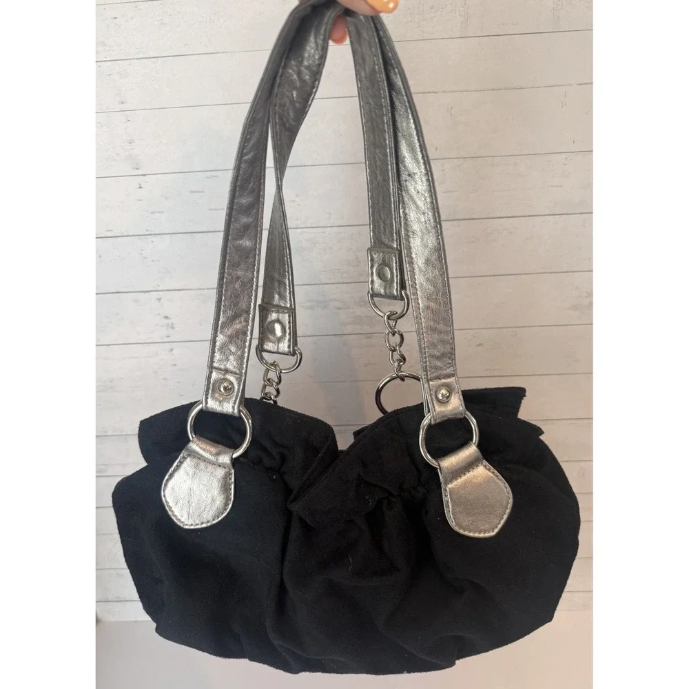 Y2K Baby Girl Heart Shoulder Bag Black Velour Metallic Silver Studded Purse